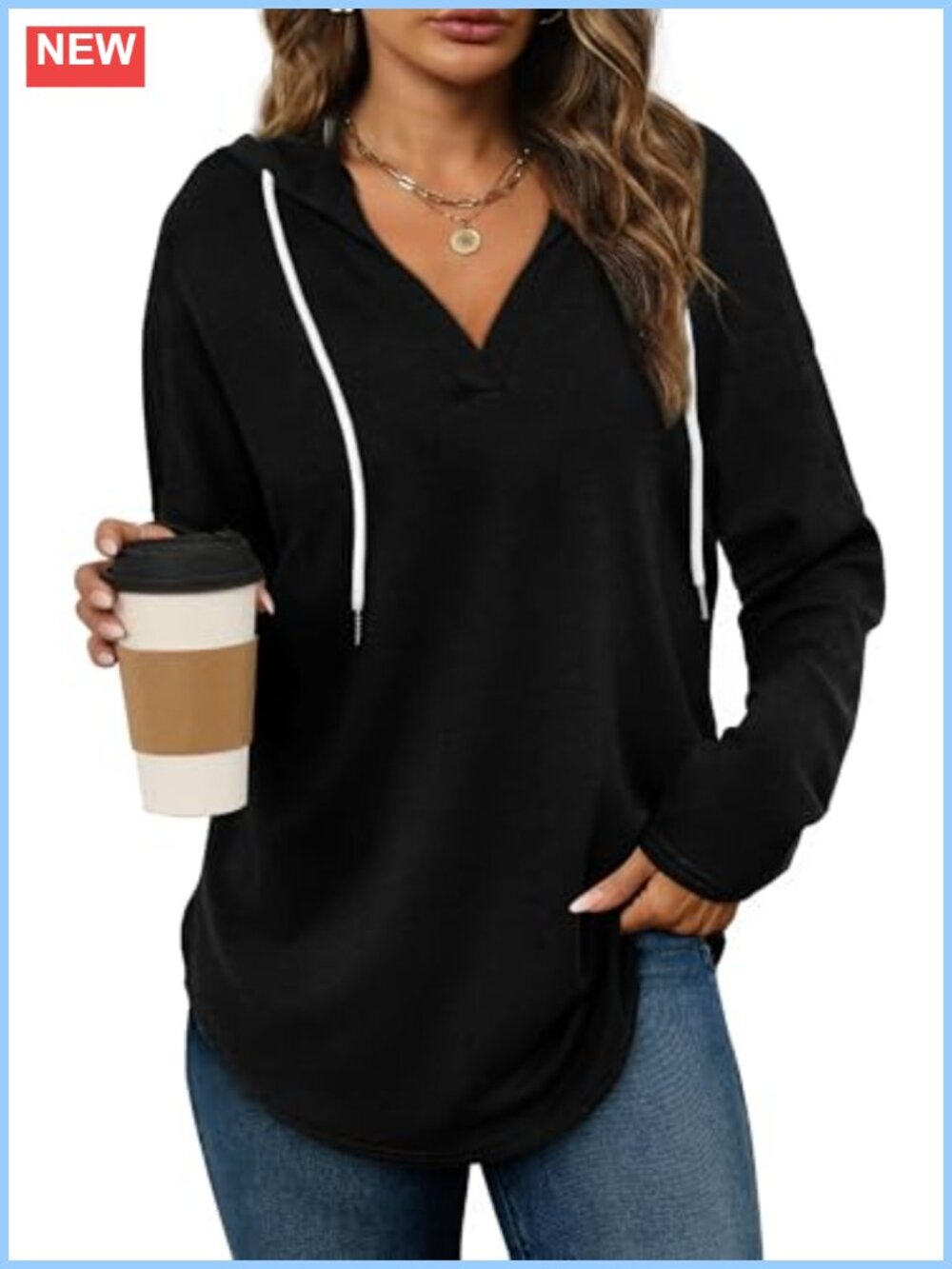 Women Oversized Pullover Hooded Sweatshirt V-Neck Long Sleeve Loose Fit